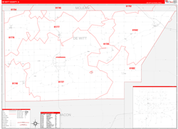 De Witt County, IL Wall Map Zip Code Red Line Style 2024
